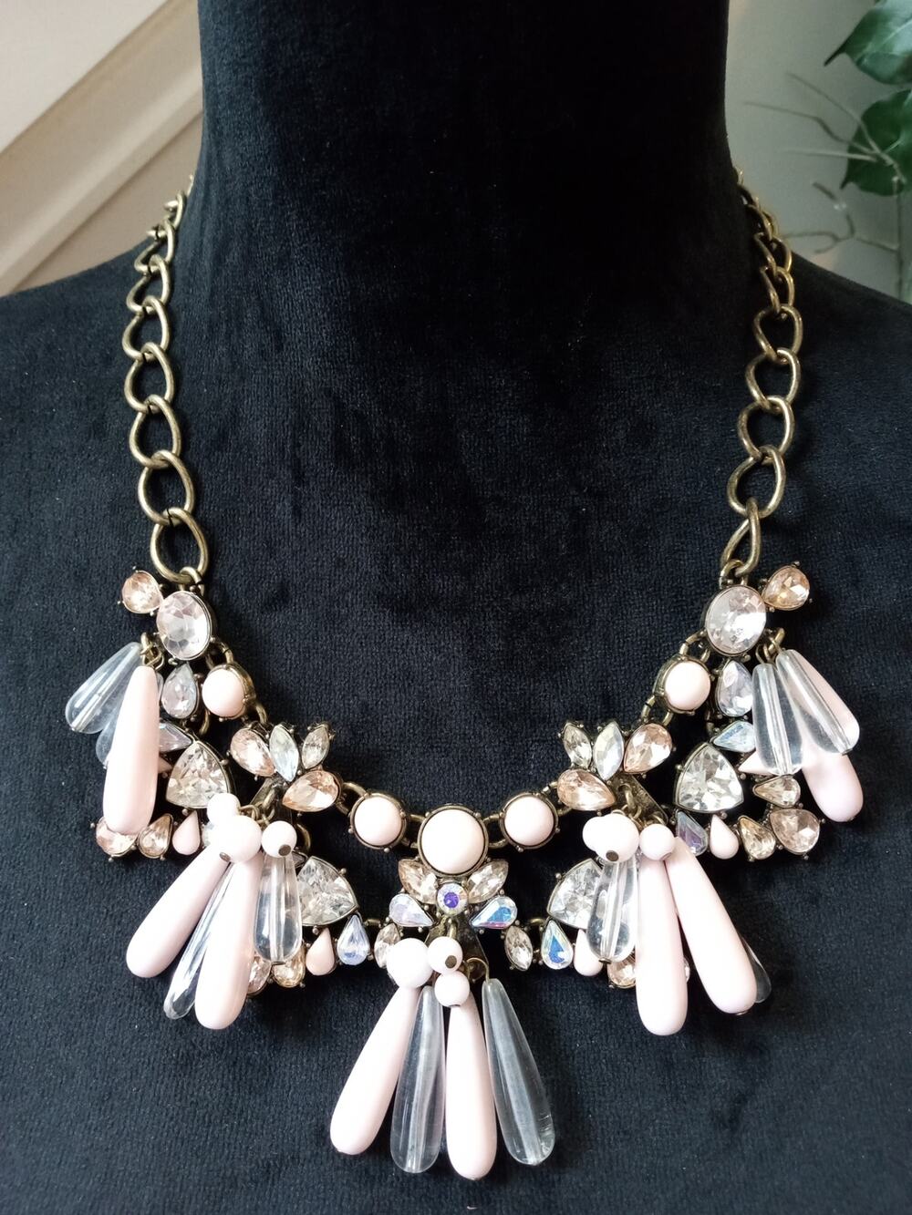 Blush Pink Gray Crystal Rhinestone Statement Bib Necklace Gold Tone